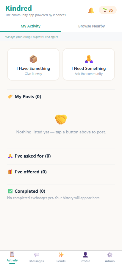 The Kindred app showing the Activity feed